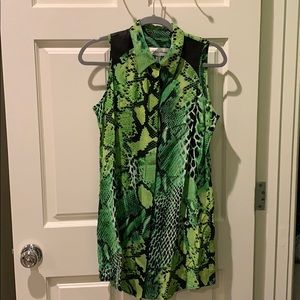 Neon green snake skin print button down dress